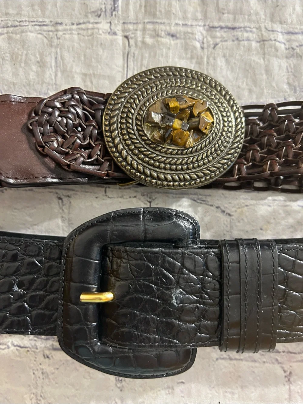 PATRICIA GREEN BLACK WIDE CROC COVER BUCKLE & BROWN EMBELLISHED BUCKLE BOHO BELT